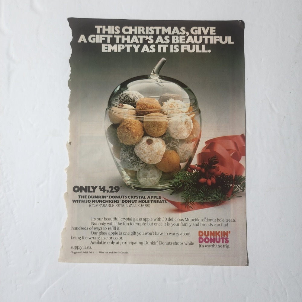 Vintage Print Ad Dunkin' Donuts Crystal Apple Munchkins clipping 1983 8x10.5